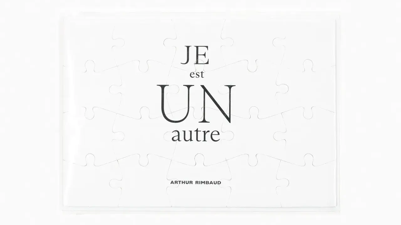 Puzzle blanc avec l'inscription "JE est UN autre" et "ARTHUR RIMBAUD". Une invitation à se voir comme un autre, un peu comme le poète.