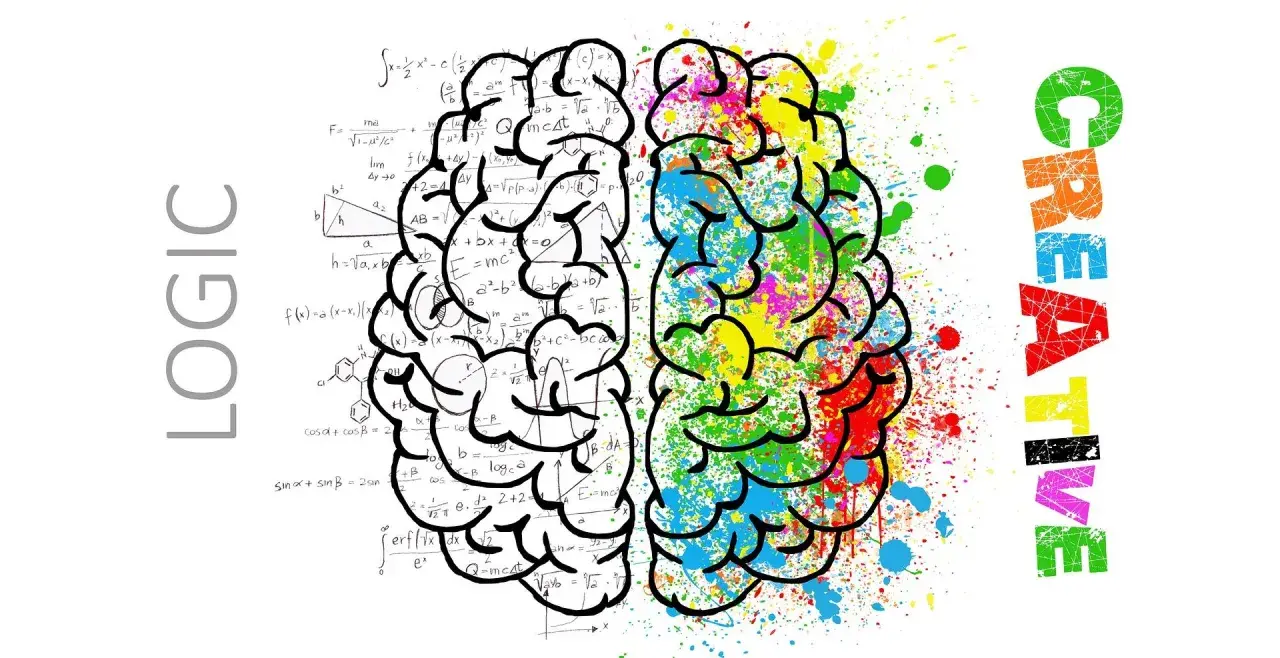 Cerveau divisé : logique avec formules mathématiques d'un côté, créativité colorée de l'autre. Une illustration de la raison philo.