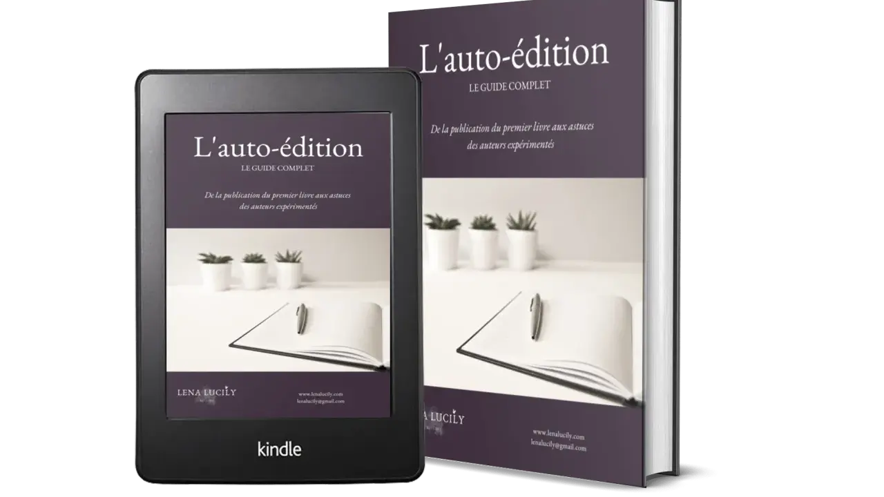 Un e-reader Kindle et un livre physique présentent "L'auto-édition, le guide complet". Idéal pour le NaNoWriMo France.