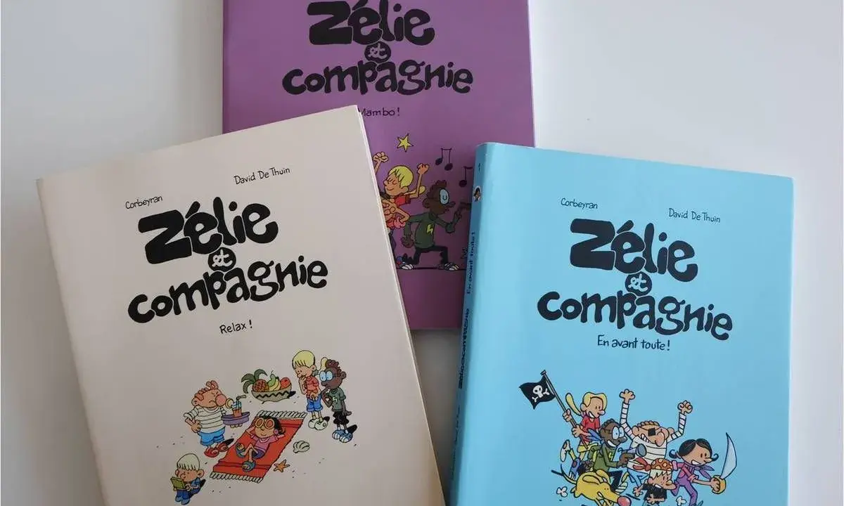 Trois livres pour enfant 8 ans de la série "Zélie et compagnie" : "Relax !", "Mambo !" et "En avant toute !". Les couvertures colorées montrent des scènes amusantes.