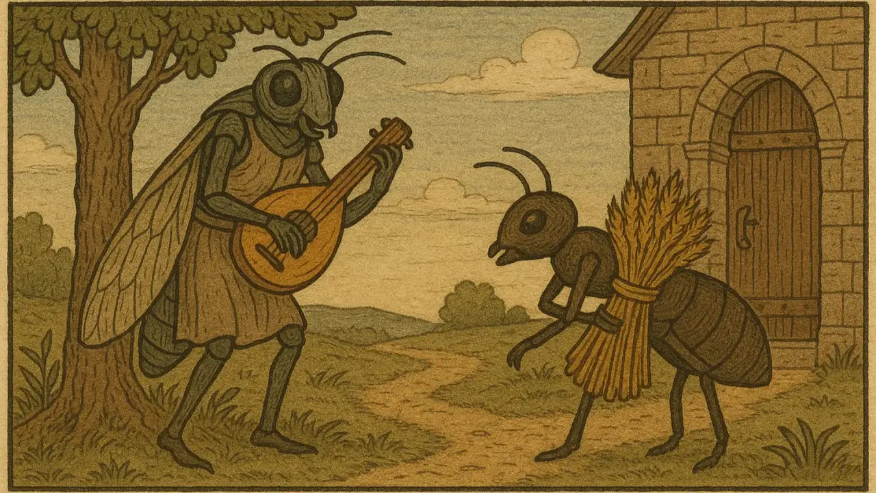 La cigale joue de la mandoline sous un arbre, tandis que la fourmi, chargée de blé, se dirige vers une maison. Illustration de "La Cigale et la Fourmi".