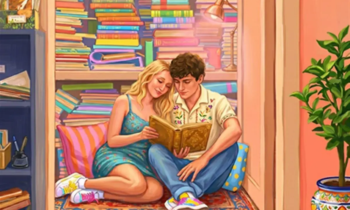 Un couple partage un livre romantique, blotti parmi des étagères remplies de livres colorés.