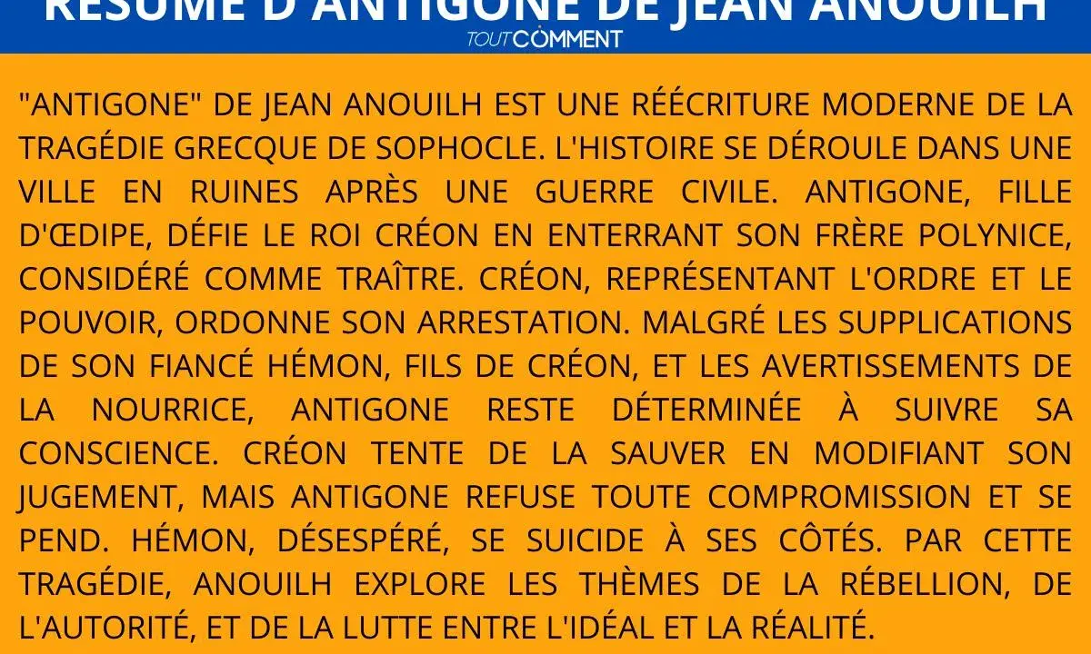 Résumé d'Antigone de Jean Anouilh : une fiche de lecture sur la tragédie moderne d'Antigone qui défie le roi Créon.