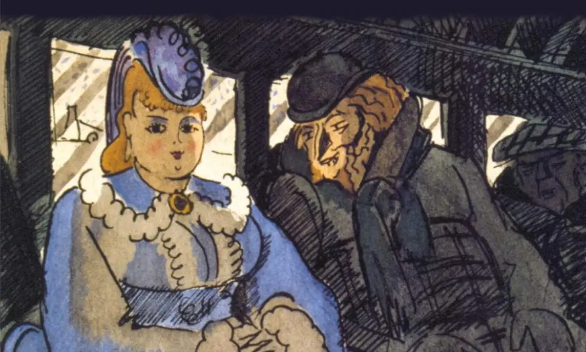 Illustration pour une fiche de lecture de "Boule de Suif" : une femme opulente en bleu et un homme barbu dans un compartiment de train.