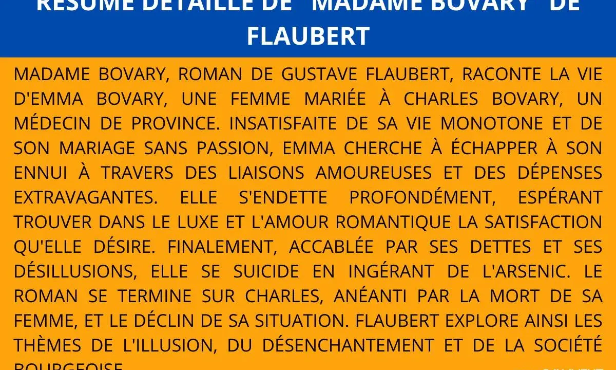 Résumé détaillé de "Madame Bovary" de Flaubert. Le roman raconte la vie d'Emma Bovary, insatisfaite, qui cherche l'évasion dans les liaisons et les dépenses, menant à sa chute.